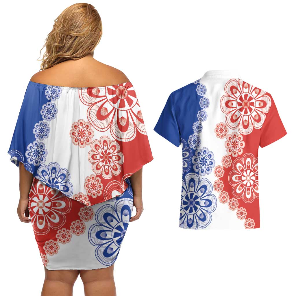 Paraguay Nanduti Traditional Lace Stylized Couples Matching Off Shoulder Short Dress and Hawaiian Shirt