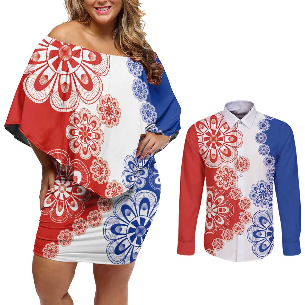 Paraguay Nanduti Traditional Lace Stylized Couples Matching Off Shoulder Short Dress and Long Sleeve Button Shirt