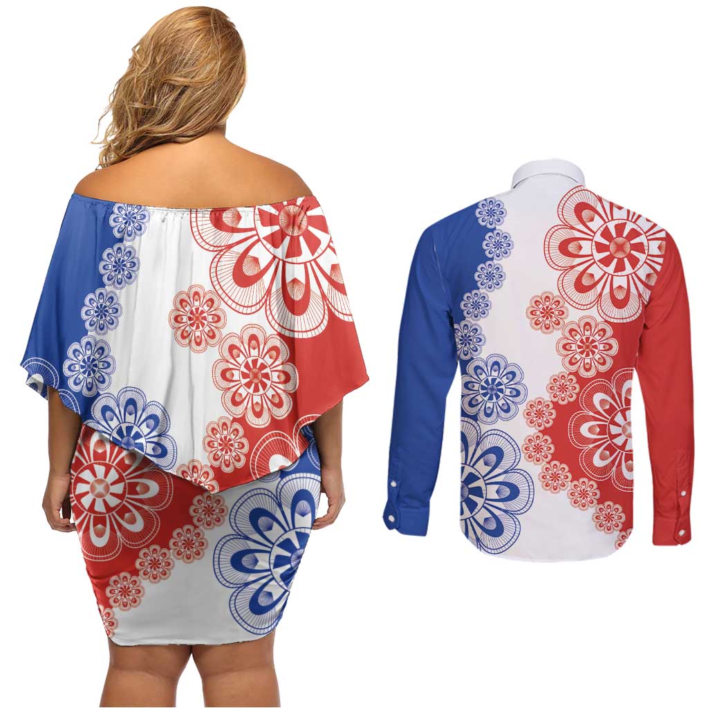 Paraguay Nanduti Traditional Lace Stylized Couples Matching Off Shoulder Short Dress and Long Sleeve Button Shirt