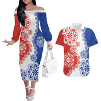 Paraguay Nanduti Traditional Lace Stylized Couples Matching Off The Shoulder Long Sleeve Dress and Hawaiian Shirt