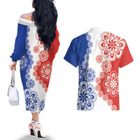 Paraguay Nanduti Traditional Lace Stylized Couples Matching Off The Shoulder Long Sleeve Dress and Hawaiian Shirt