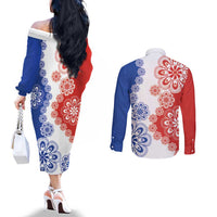 Paraguay Nanduti Traditional Lace Stylized Couples Matching Off The Shoulder Long Sleeve Dress and Long Sleeve Button Shirt