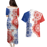Paraguay Nanduti Traditional Lace Stylized Couples Matching Puletasi and Hawaiian Shirt