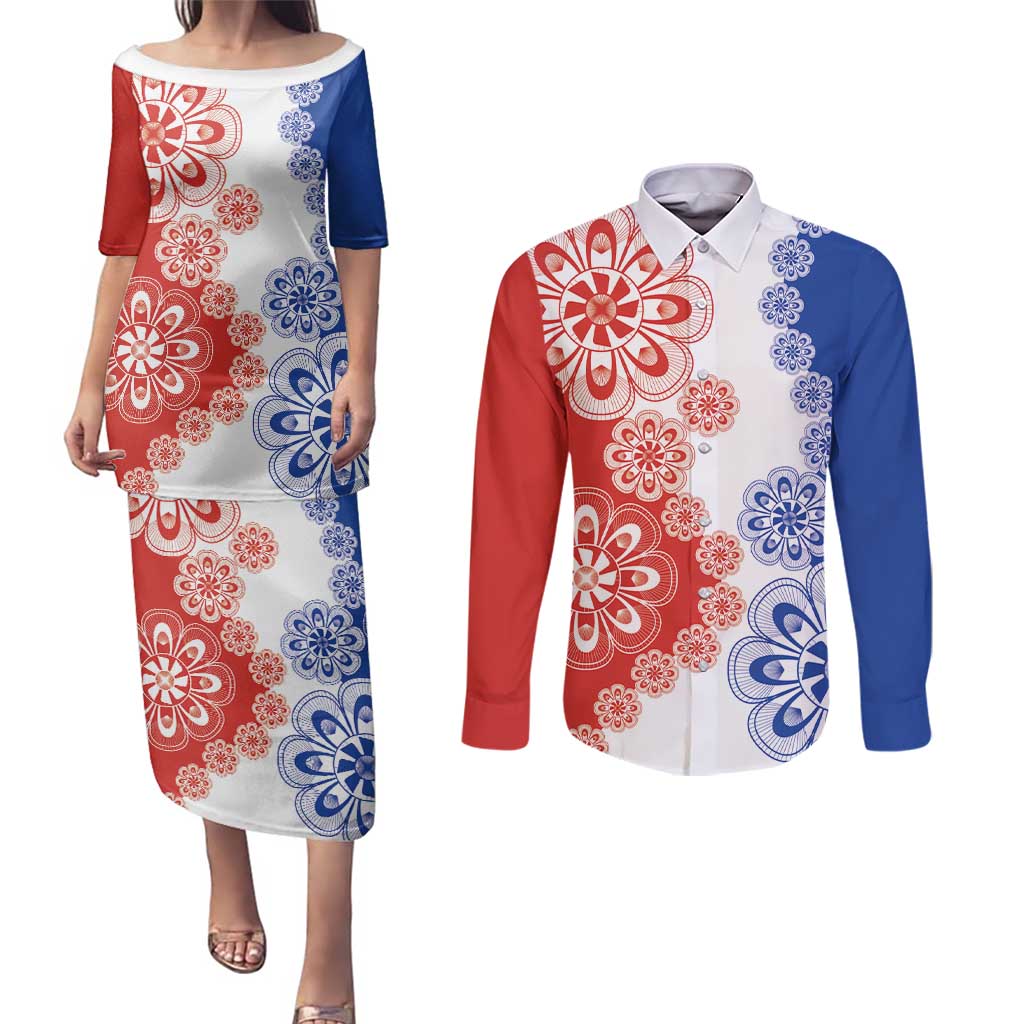 Paraguay Nanduti Traditional Lace Stylized Couples Matching Puletasi and Long Sleeve Button Shirt