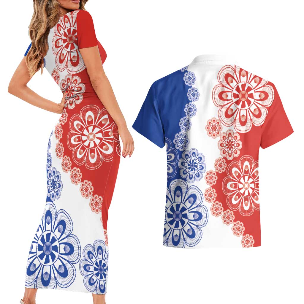 Paraguay Nanduti Traditional Lace Stylized Couples Matching Short Sleeve Bodycon Dress and Hawaiian Shirt