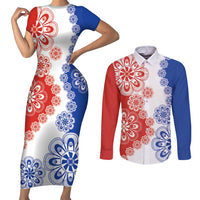 Paraguay Nanduti Traditional Lace Stylized Couples Matching Short Sleeve Bodycon Dress and Long Sleeve Button Shirt