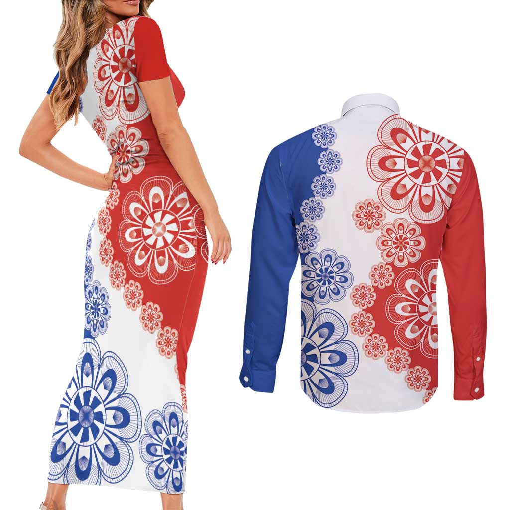 Paraguay Nanduti Traditional Lace Stylized Couples Matching Short Sleeve Bodycon Dress and Long Sleeve Button Shirt