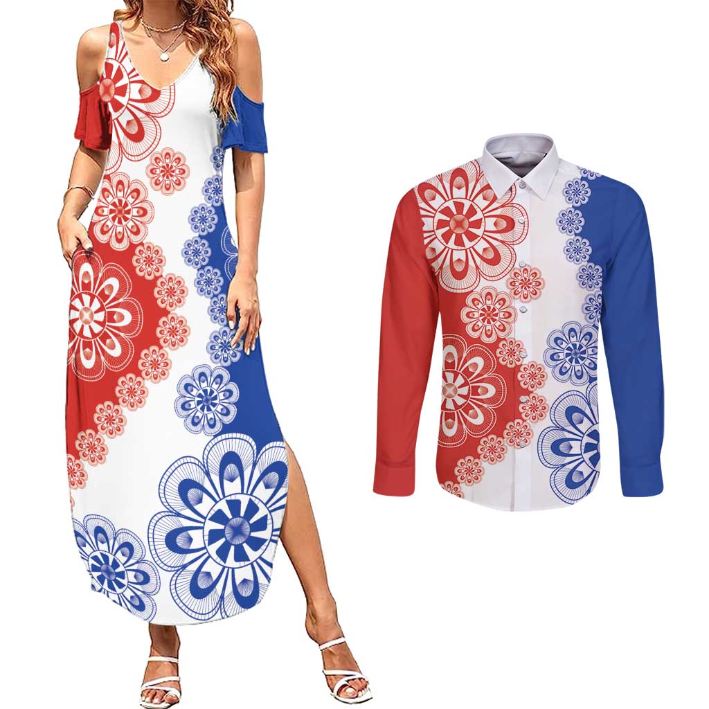 Paraguay Nanduti Traditional Lace Stylized Couples Matching Summer Maxi Dress and Long Sleeve Button Shirt