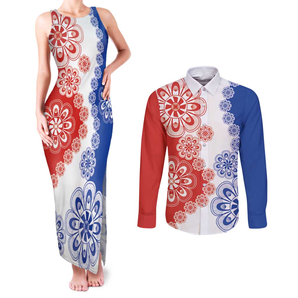 Paraguay Nanduti Traditional Lace Stylized Couples Matching Tank Maxi Dress and Long Sleeve Button Shirt
