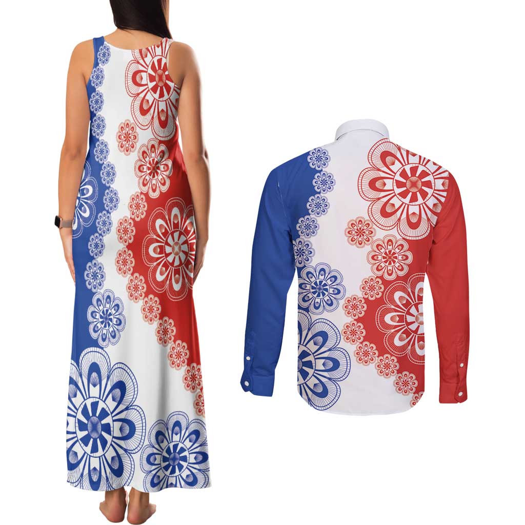 Paraguay Nanduti Traditional Lace Stylized Couples Matching Tank Maxi Dress and Long Sleeve Button Shirt