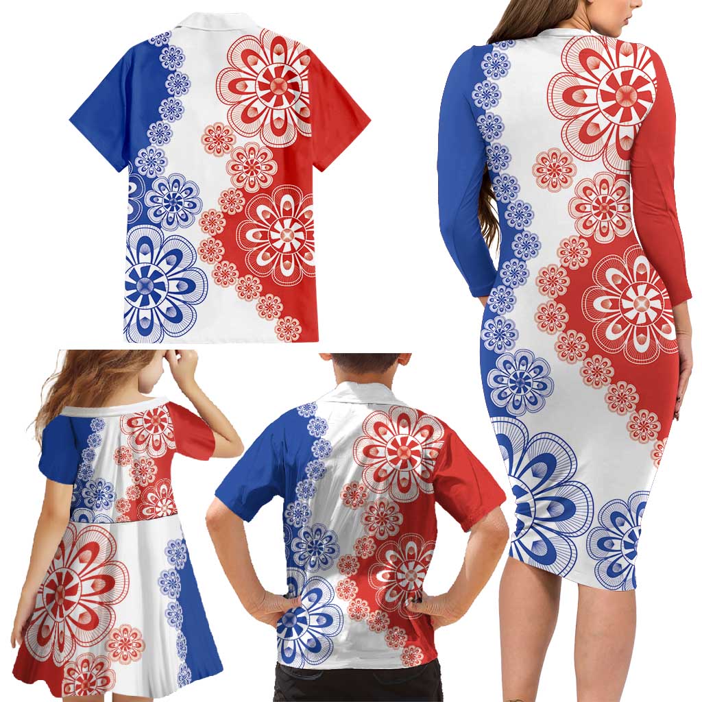 Paraguay Nanduti Traditional Lace Stylized Family Matching Long Sleeve Bodycon Dress and Hawaiian Shirt
