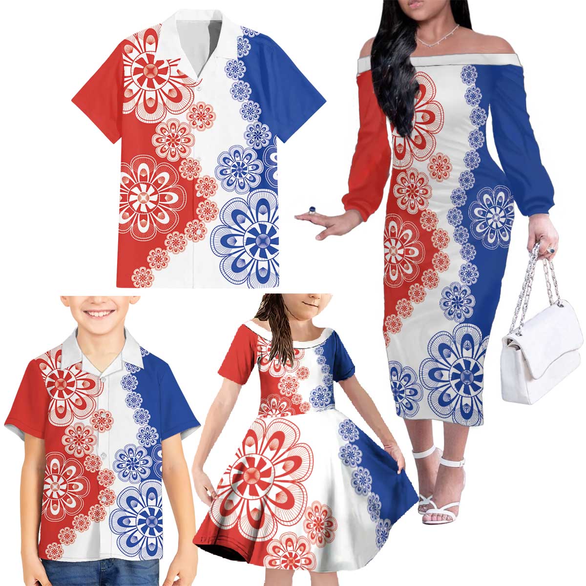 Paraguay Nanduti Traditional Lace Stylized Family Matching Off The Shoulder Long Sleeve Dress and Hawaiian Shirt