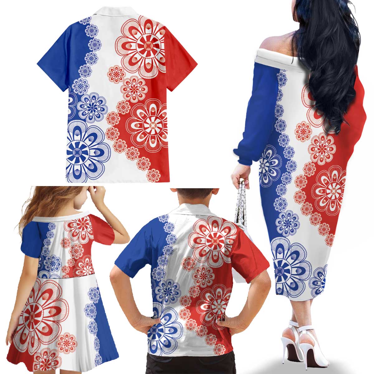 Paraguay Nanduti Traditional Lace Stylized Family Matching Off The Shoulder Long Sleeve Dress and Hawaiian Shirt