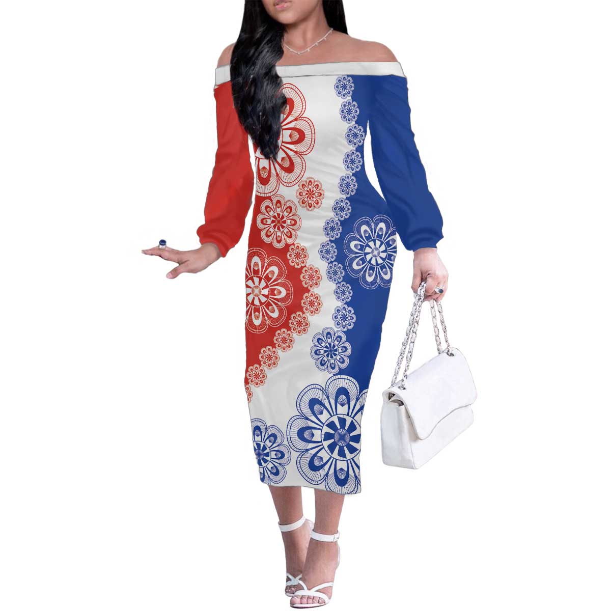 Paraguay Nanduti Traditional Lace Stylized Family Matching Off The Shoulder Long Sleeve Dress and Hawaiian Shirt