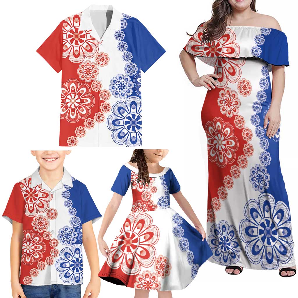Paraguay Nanduti Traditional Lace Stylized Family Matching Off Shoulder Maxi Dress and Hawaiian Shirt