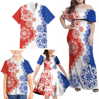 Paraguay Nanduti Traditional Lace Stylized Family Matching Off Shoulder Maxi Dress and Hawaiian Shirt