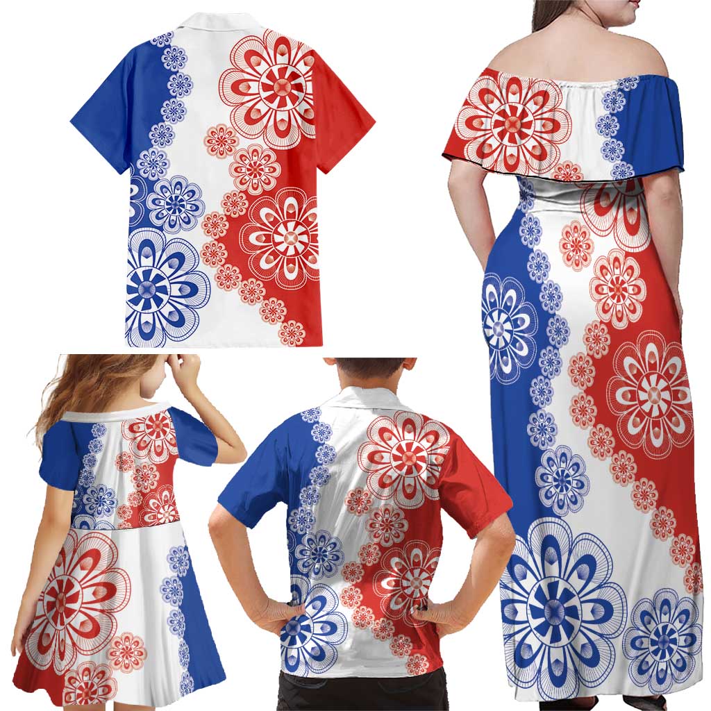 Paraguay Nanduti Traditional Lace Stylized Family Matching Off Shoulder Maxi Dress and Hawaiian Shirt