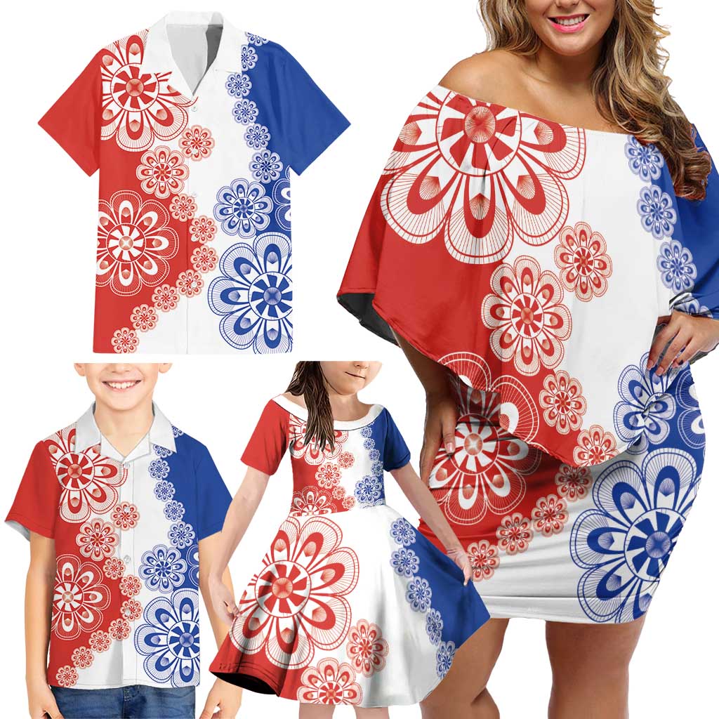 Paraguay Nanduti Traditional Lace Stylized Family Matching Off Shoulder Short Dress and Hawaiian Shirt