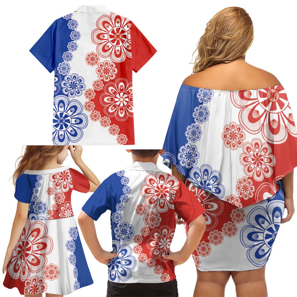 Paraguay Nanduti Traditional Lace Stylized Family Matching Off Shoulder Short Dress and Hawaiian Shirt