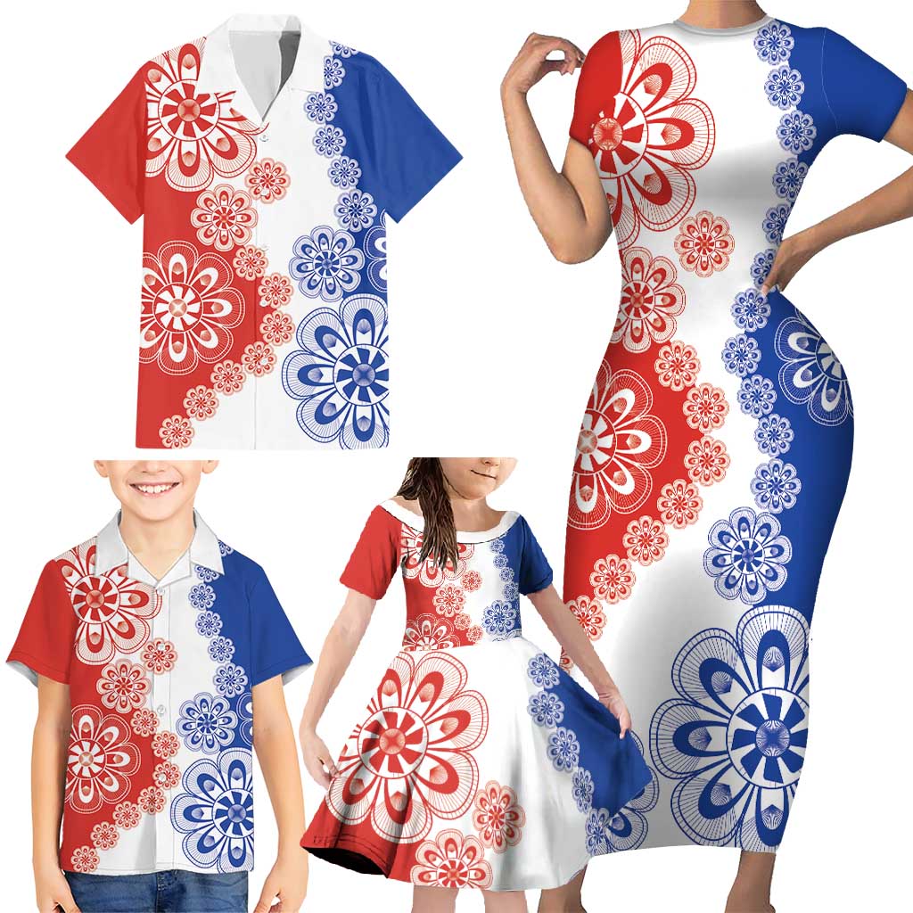 Paraguay Nanduti Traditional Lace Stylized Family Matching Short Sleeve Bodycon Dress and Hawaiian Shirt