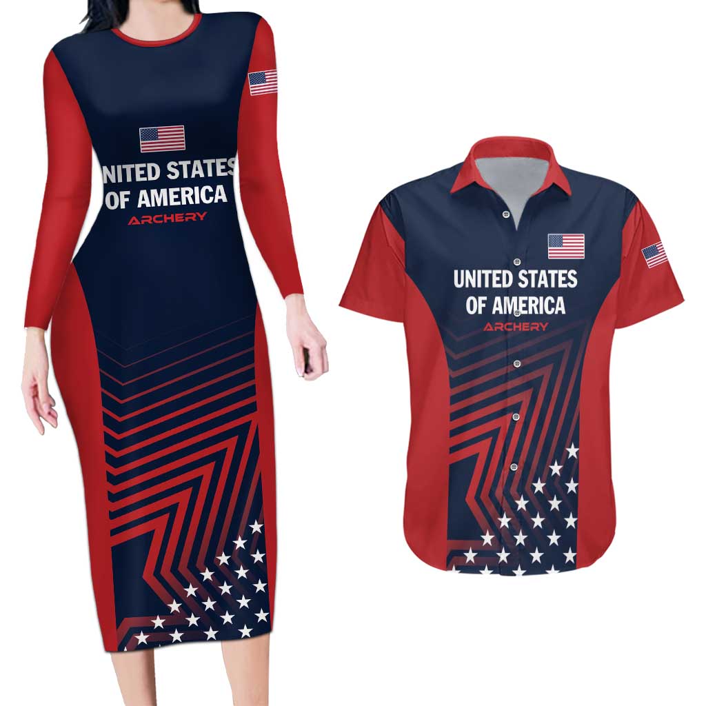 Personalized USA 2025 Archery Couples Matching Long Sleeve Bodycon Dress and Hawaiian Shirt Aim Shoot Win
