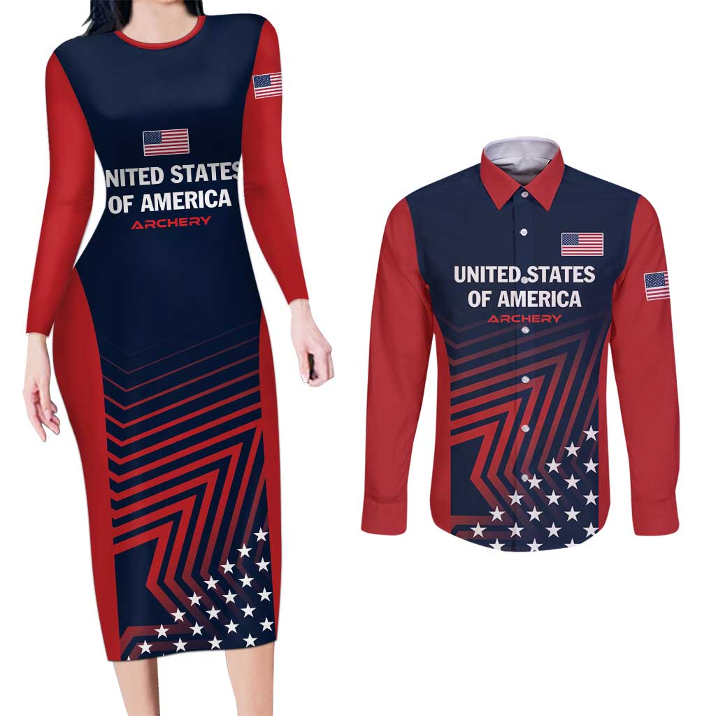Personalized USA 2025 Archery Couples Matching Long Sleeve Bodycon Dress and Long Sleeve Button Shirt Aim Shoot Win