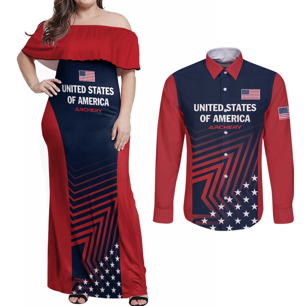 Personalized USA 2025 Archery Couples Matching Off Shoulder Maxi Dress and Long Sleeve Button Shirt Aim Shoot Win