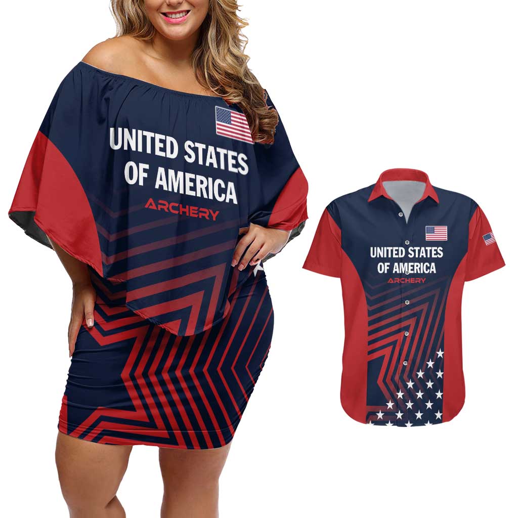 Personalized USA 2025 Archery Couples Matching Off Shoulder Short Dress and Hawaiian Shirt Aim Shoot Win