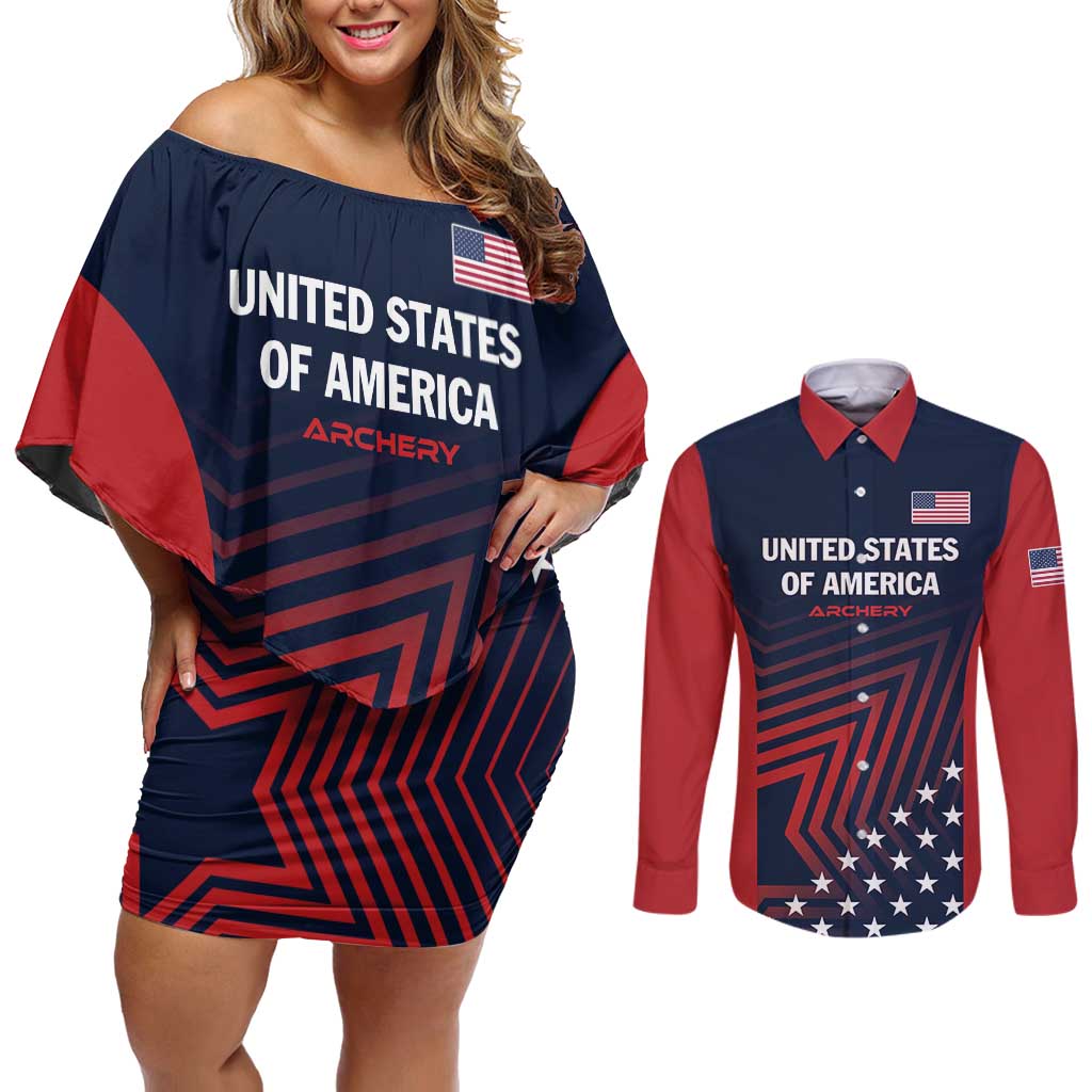 Personalized USA 2025 Archery Couples Matching Off Shoulder Short Dress and Long Sleeve Button Shirt Aim Shoot Win
