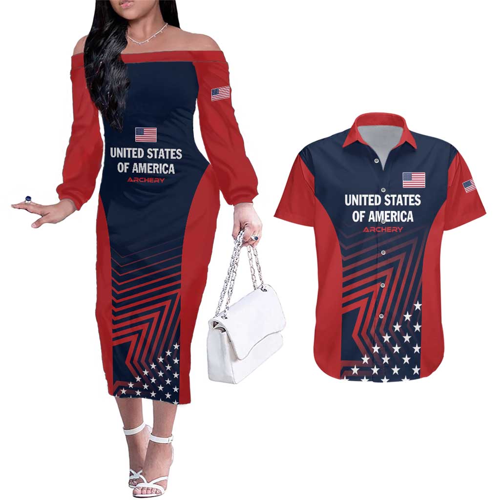 Personalized USA 2025 Archery Couples Matching Off The Shoulder Long Sleeve Dress and Hawaiian Shirt Aim Shoot Win