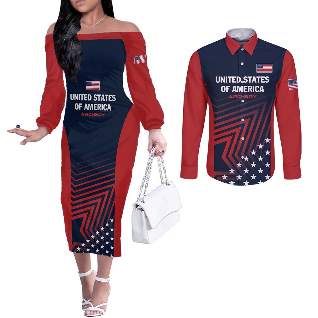 Personalized USA 2025 Archery Couples Matching Off The Shoulder Long Sleeve Dress and Long Sleeve Button Shirt Aim Shoot Win
