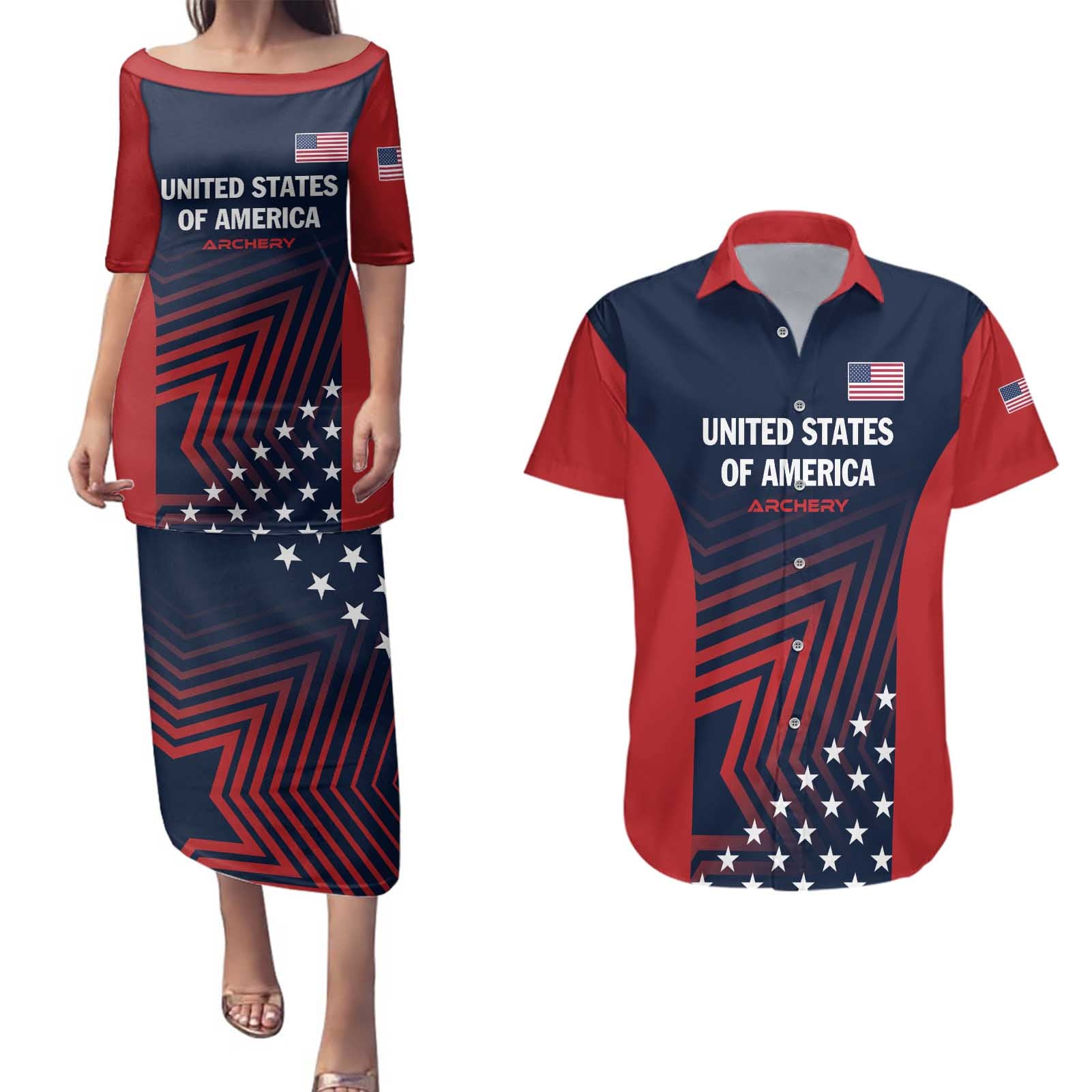 Personalized USA 2025 Archery Couples Matching Puletasi and Hawaiian Shirt Aim Shoot Win