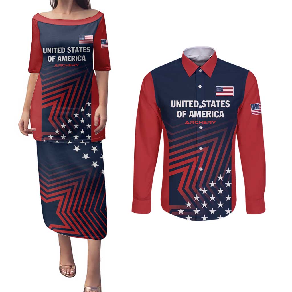Personalized USA 2025 Archery Couples Matching Puletasi and Long Sleeve Button Shirt Aim Shoot Win