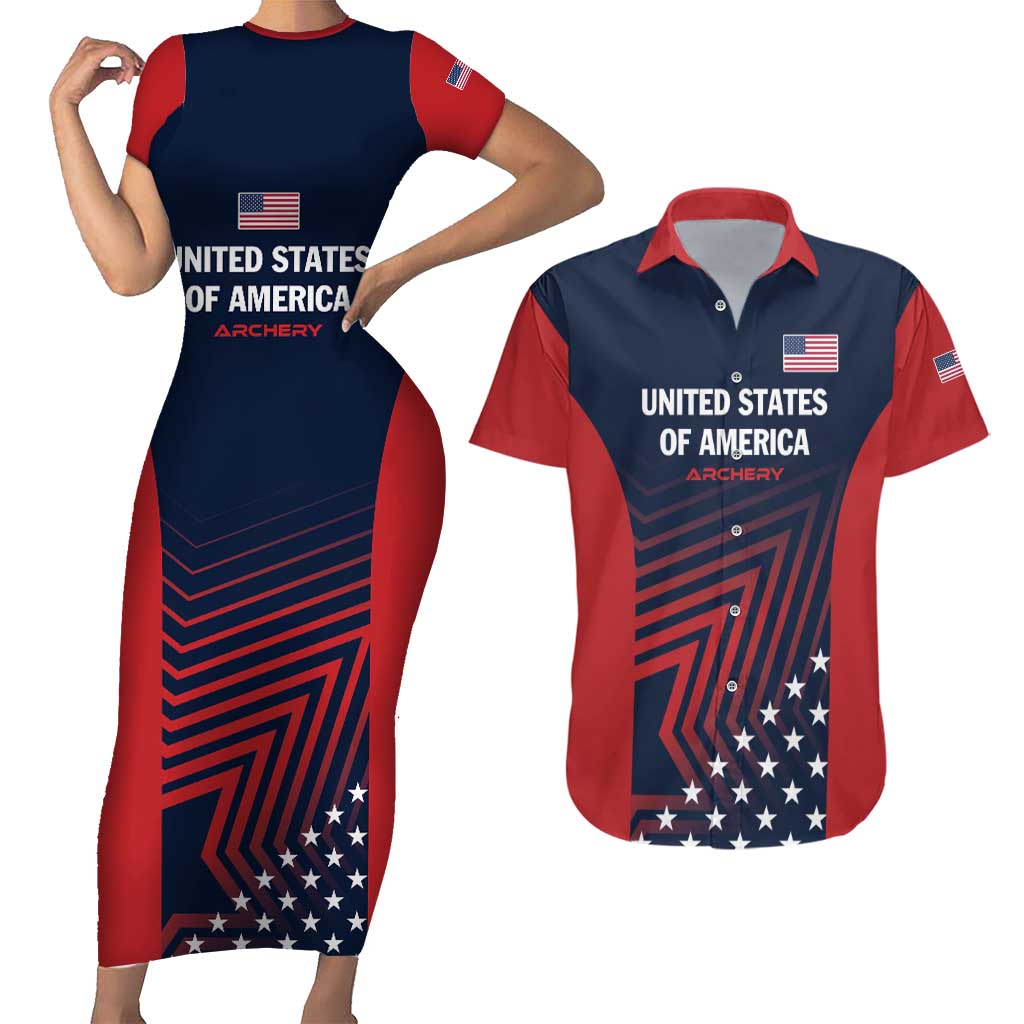 Personalized USA 2025 Archery Couples Matching Short Sleeve Bodycon Dress and Hawaiian Shirt Aim Shoot Win