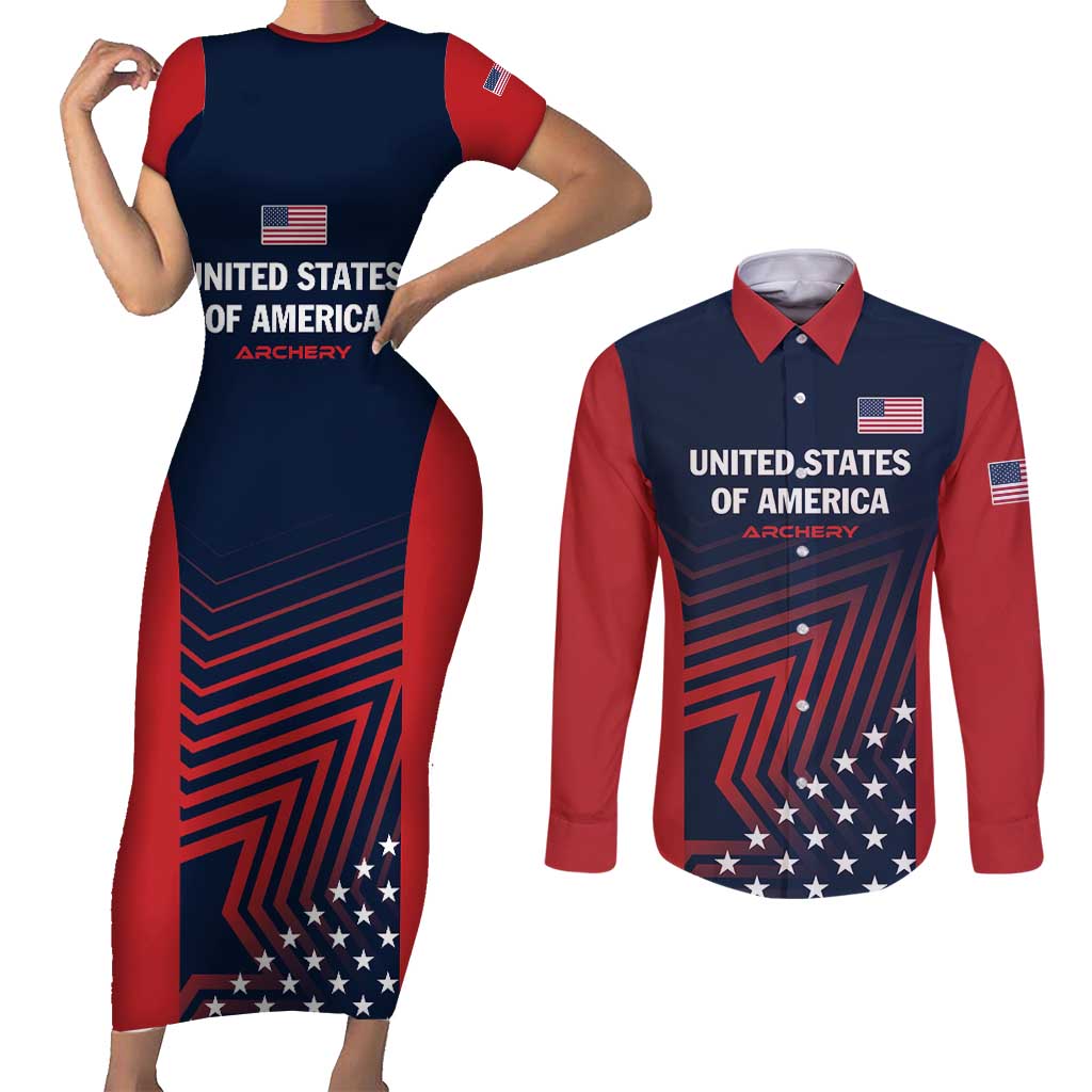 Personalized USA 2025 Archery Couples Matching Short Sleeve Bodycon Dress and Long Sleeve Button Shirt Aim Shoot Win