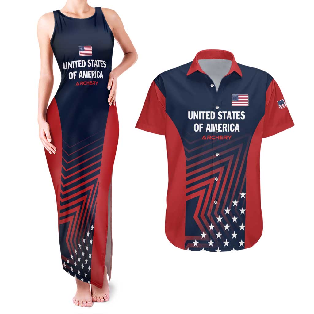 Personalized USA 2025 Archery Couples Matching Tank Maxi Dress and Hawaiian Shirt Aim Shoot Win