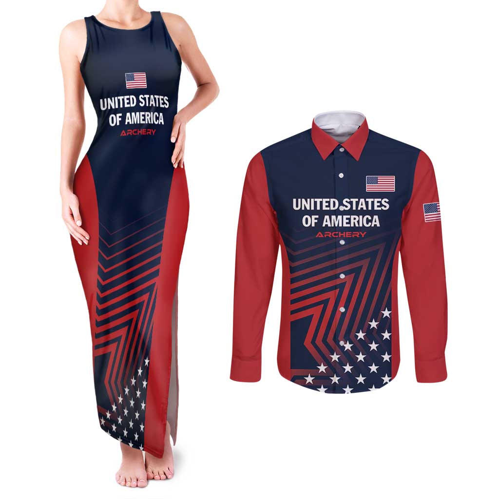 Personalized USA 2025 Archery Couples Matching Tank Maxi Dress and Long Sleeve Button Shirt Aim Shoot Win
