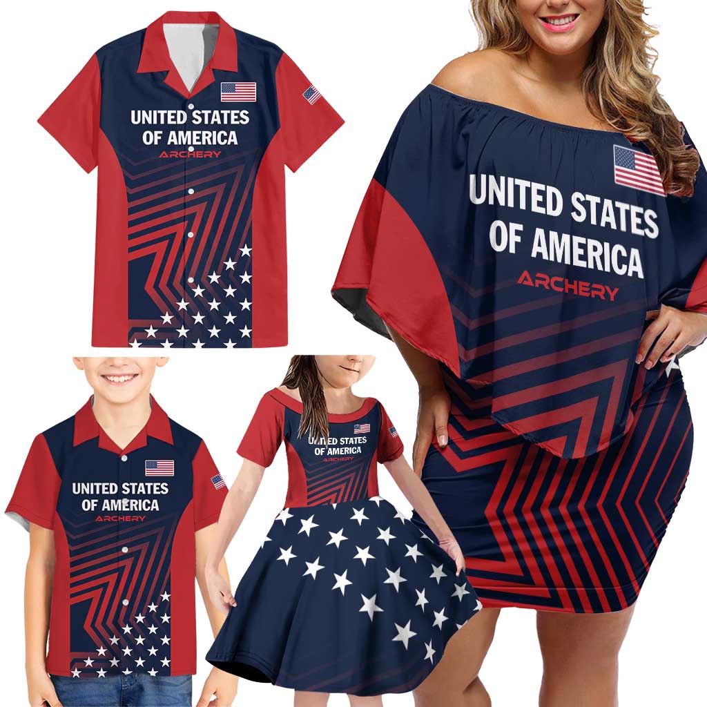 Personalized USA 2025 Archery Family Matching Off Shoulder Short Dress and Hawaiian Shirt Aim Shoot Win