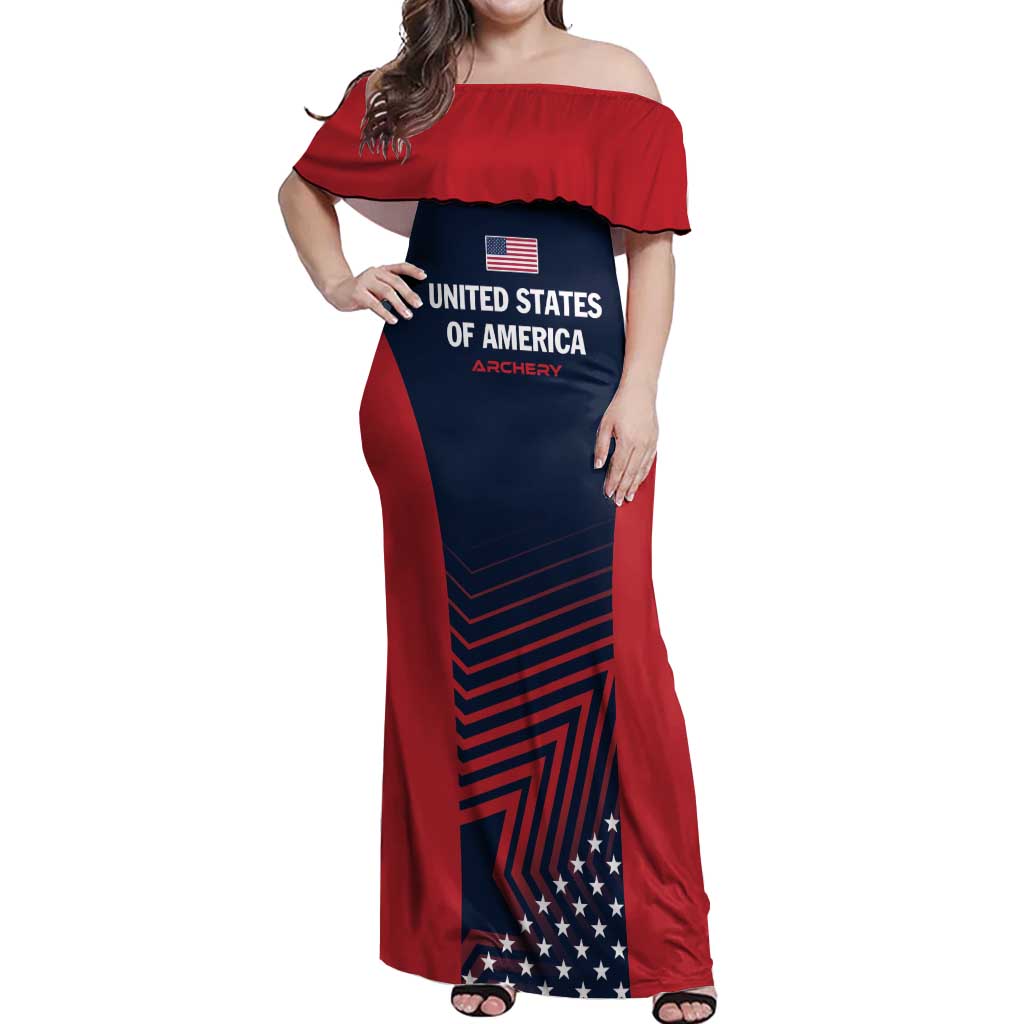 Personalized USA 2025 Archery Off Shoulder Maxi Dress Aim Shoot Win