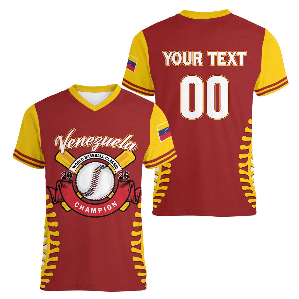 Custom Baseball 2026 Venezuela World Champion Women V-Neck T-Shirt Chamo Arepa Power