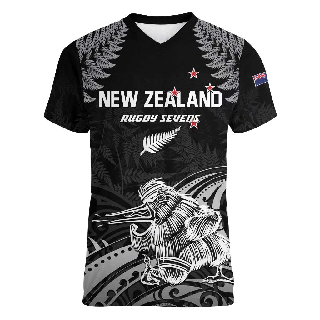 Custom New Zealand 2024 Rugby Women V-Neck T-Shirt Silver Fern Aotearoa Kiwi - Wonder Print Shop