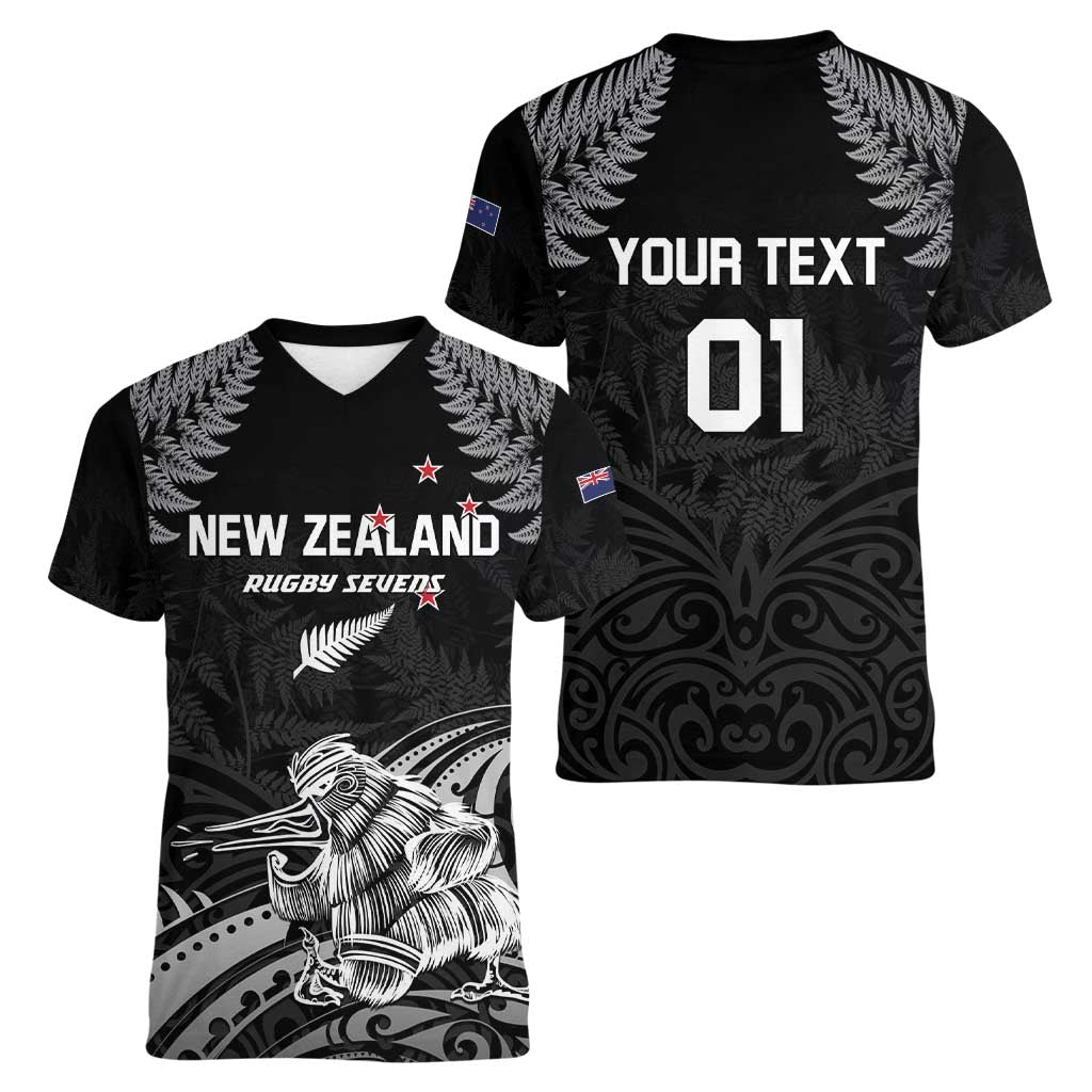 Custom New Zealand 2024 Rugby Women V-Neck T-Shirt Silver Fern Aotearoa Kiwi - Wonder Print Shop