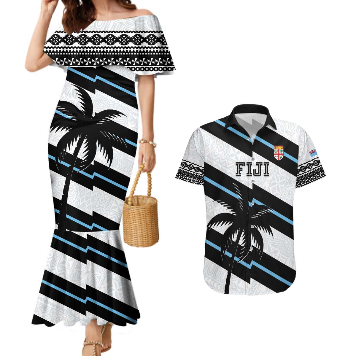 Custom Fiji 2024 Rugby Couples Matching Mermaid Dress and Hawaiian Shirt Fijian Tapa Pattern - Wonder Print Shop