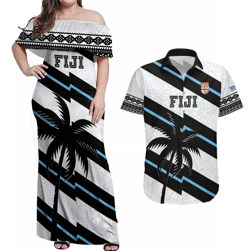 Custom Fiji 2024 Rugby Couples Matching Off Shoulder Maxi Dress and Hawaiian Shirt Fijian Tapa Pattern - Wonder Print Shop
