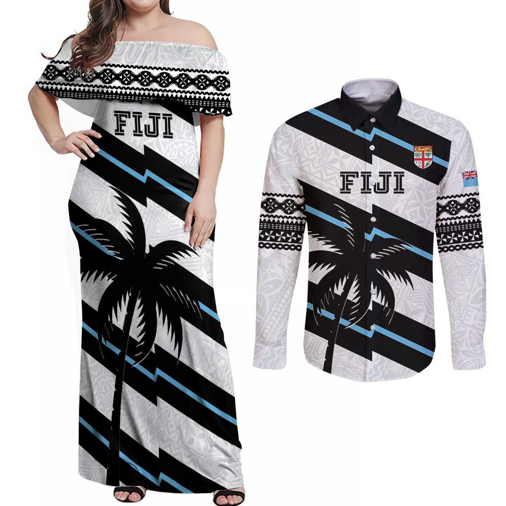 Custom Fiji 2024 Rugby Couples Matching Off Shoulder Maxi Dress and Long Sleeve Button Shirt Fijian Tapa Pattern - Wonder Print Shop