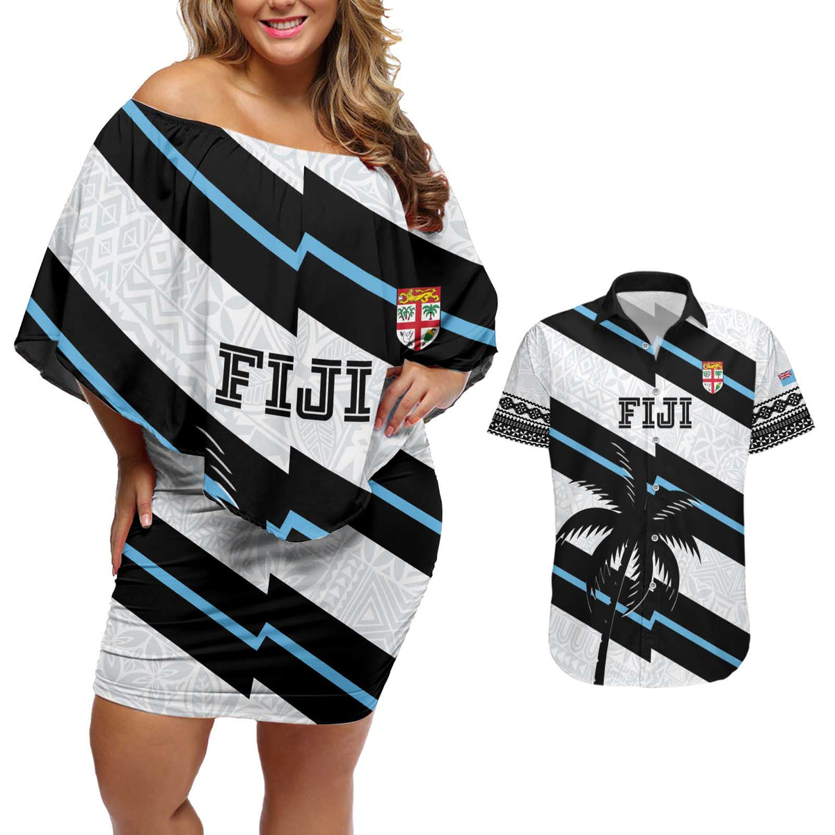 Custom Fiji 2024 Rugby Couples Matching Off Shoulder Short Dress and Hawaiian Shirt Fijian Tapa Pattern - Wonder Print Shop