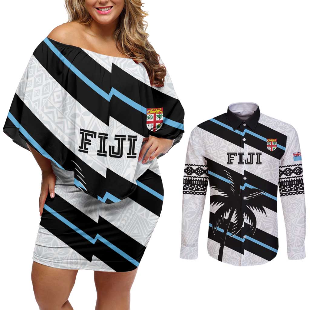 Custom Fiji 2024 Rugby Couples Matching Off Shoulder Short Dress and Long Sleeve Button Shirt Fijian Tapa Pattern - Wonder Print Shop
