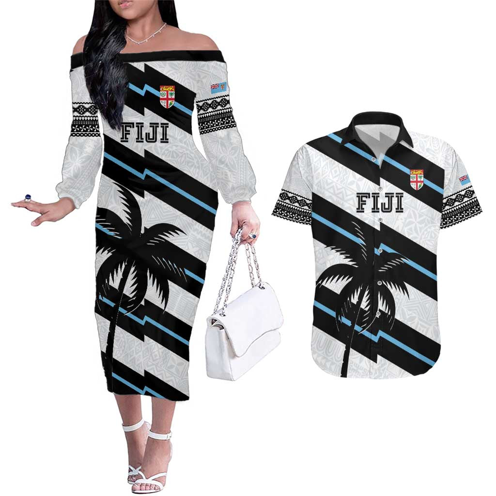 Custom Fiji 2024 Rugby Couples Matching Off The Shoulder Long Sleeve Dress and Hawaiian Shirt Fijian Tapa Pattern - Wonder Print Shop