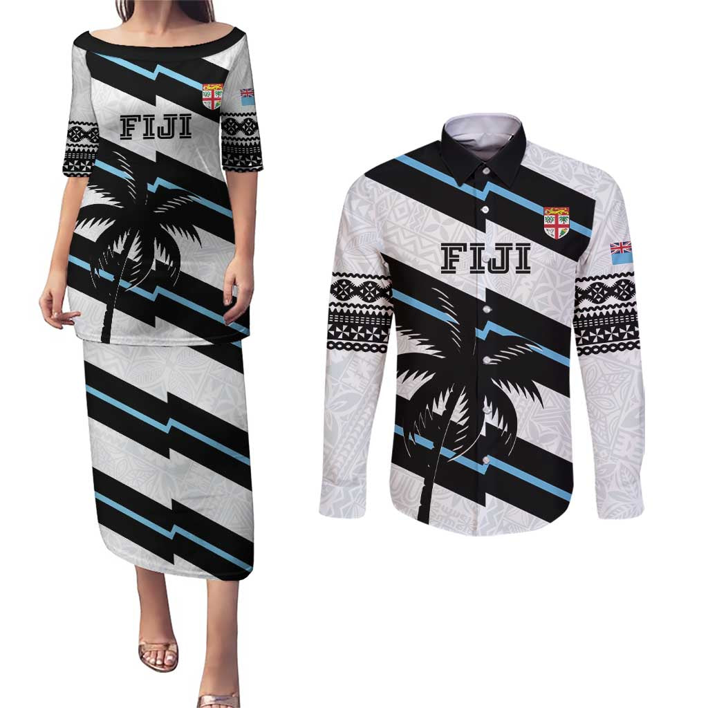 Custom Fiji 2024 Rugby Couples Matching Puletasi and Long Sleeve Button Shirt Fijian Tapa Pattern - Wonder Print Shop