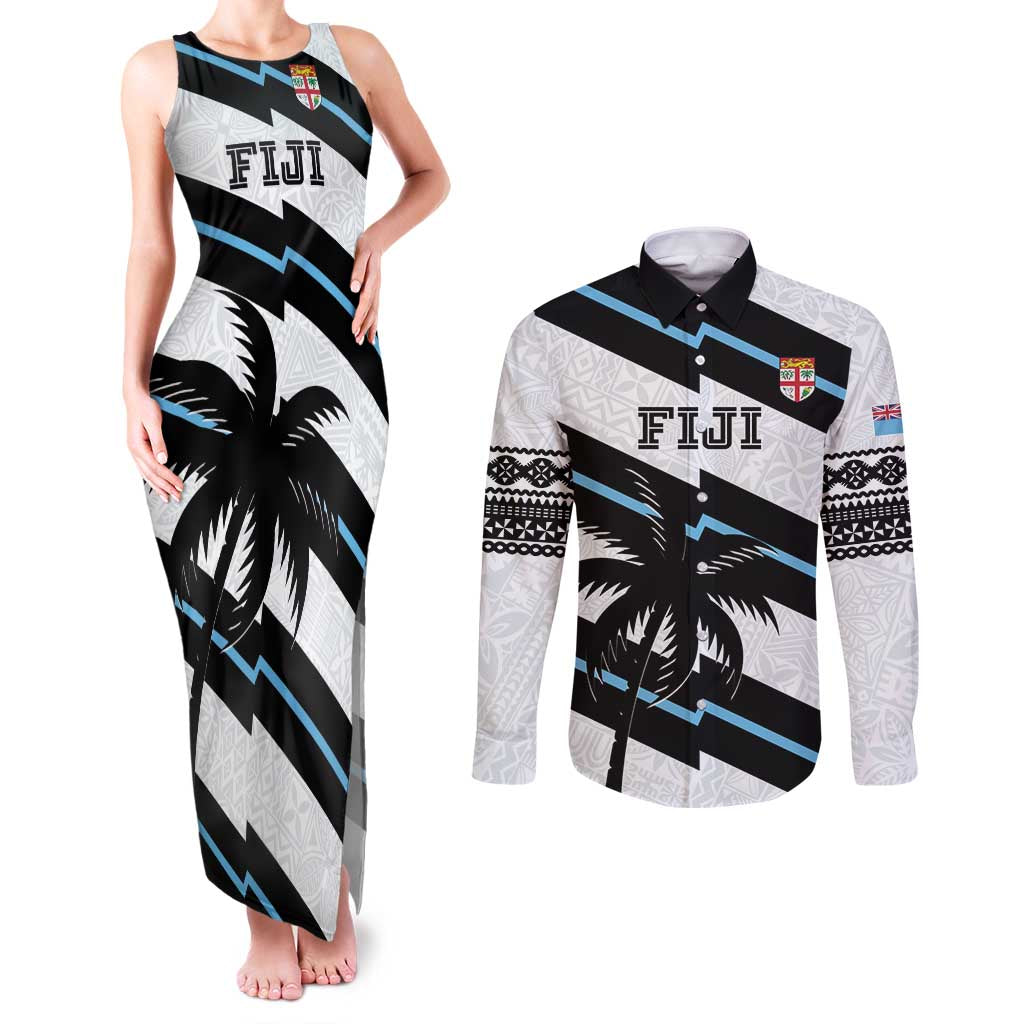 Custom Fiji 2024 Rugby Couples Matching Tank Maxi Dress and Long Sleeve Button Shirt Fijian Tapa Pattern - Wonder Print Shop
